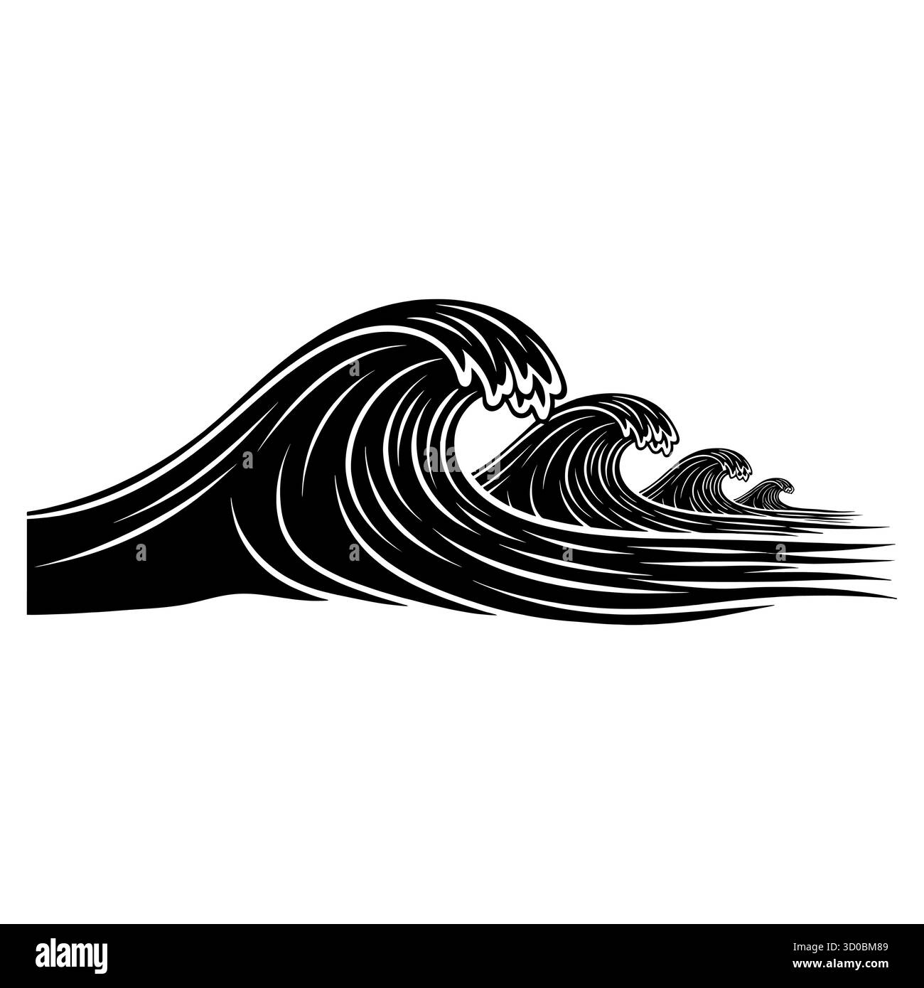 Illustrazione stilizzata delle onde oceaniche bianche e nere. Illustrazione Vettoriale