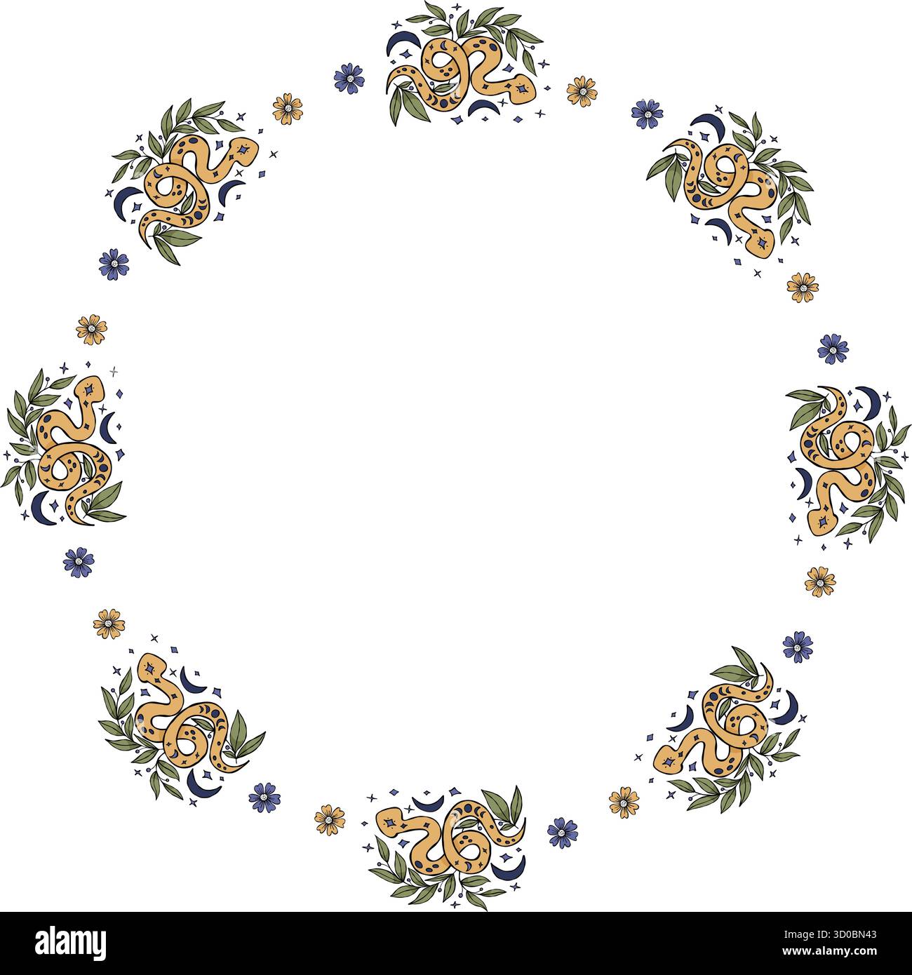 Telaio rotondo mistico serpente. Ghirlanda circolare decorativa con misteriosi Kundalini, Mezzaluna della Luna e Fiori. Doodle disegnato a mano per magia de Illustrazione Vettoriale