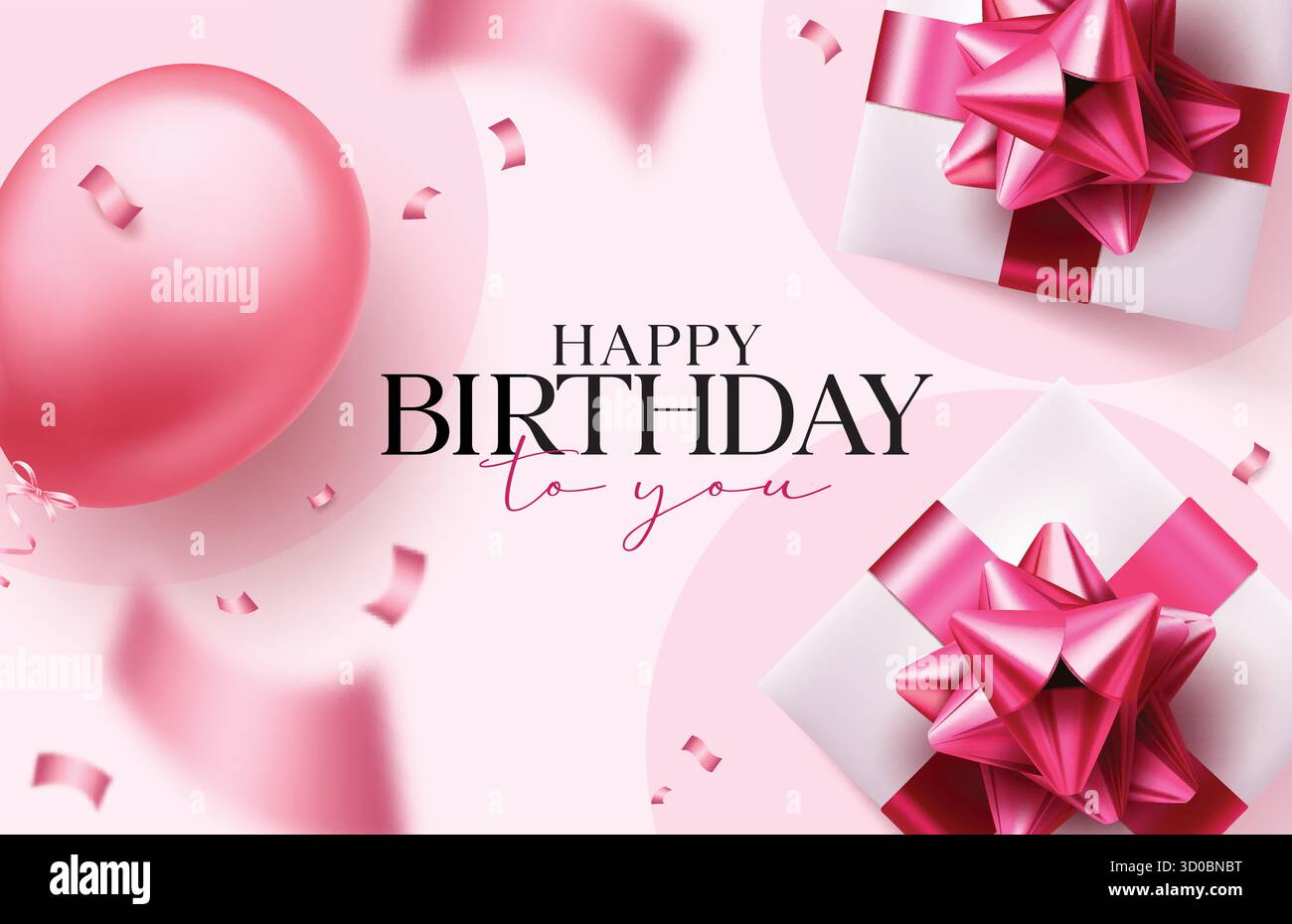 Sfondo clipart testo di saluto buon compleanno. Clip art per biglietti di auguri di compleanno con palloncino, scatole regalo e decorazioni a coriandoli per un elegante rosa Illustrazione Vettoriale