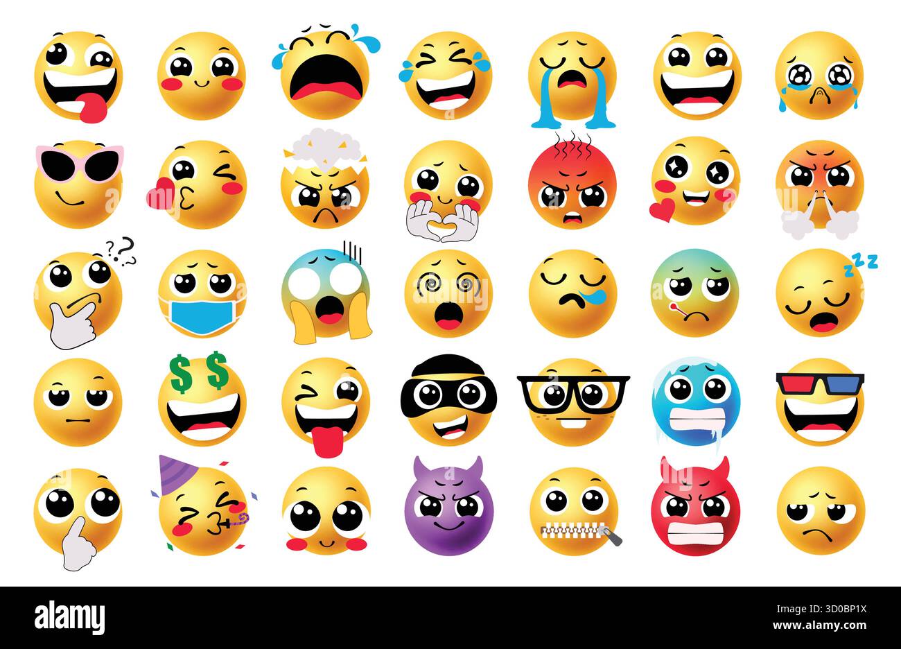 Set clipart icona emoji. Clip art dei personaggi di emoji con divertente, carino, pianto, ridendo, felice, stress, fresco, baci alle labbra, sbalordito e viso cuore-mano Illustrazione Vettoriale