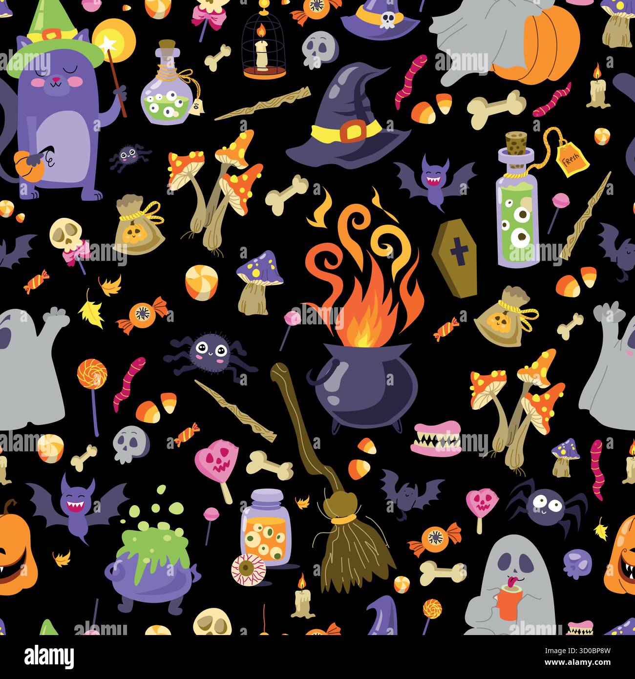 Simpatico disegno a mano felice Halloween festività sfondo senza cuciture. Zucca, fantasma, pipistrello. Stile piatto con elementi vettoriali. Testo dell'illustrazione dello sfondo Illustrazione Vettoriale