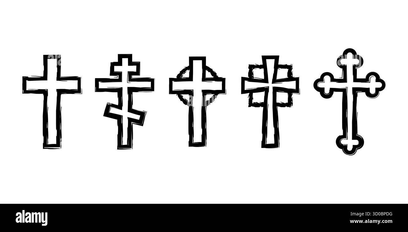 Set di simboli della croce cristiana che rappresentano varie credenze religiose e spirituali Illustrazione Vettoriale
