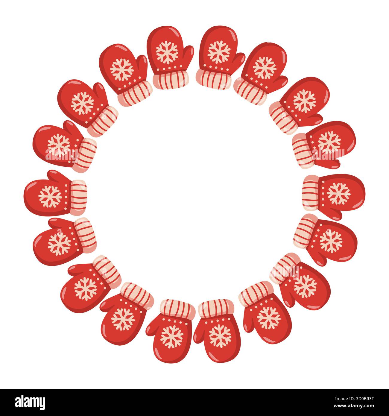 Telaio rotondo con guantoni rossi e motivo fiocco di neve in stile invernale. Illustrazione isolata del vettore invernale su sfondo bianco. Illustrazione Vettoriale