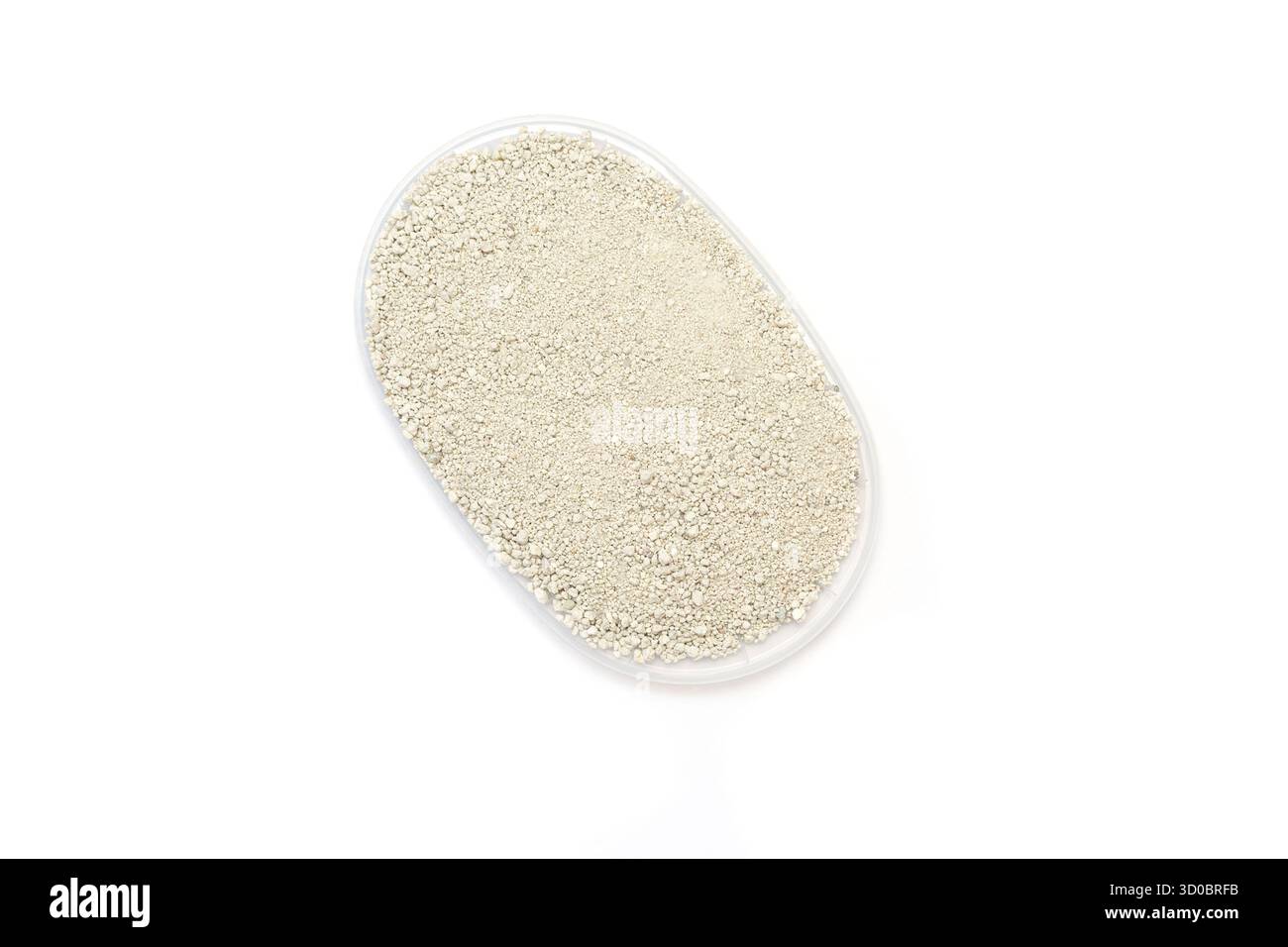 Il contenitore trasparente contiene piccoli granuli bianchi di lettiera per gatti, sottolineando un design pulito ed elegante, adatto per lo stoccaggio e l'organizzazione Foto Stock
