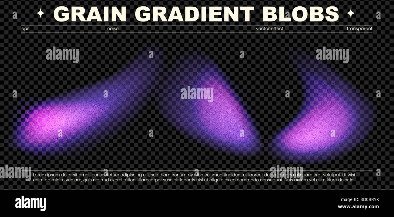 Impostare la forma del rumore di fondo con gradazione gradiente trasparente a grana viola. Questa collezione astratta è caratterizzata da effetti luminosi radiosi e texture iridescente Illustrazione Vettoriale