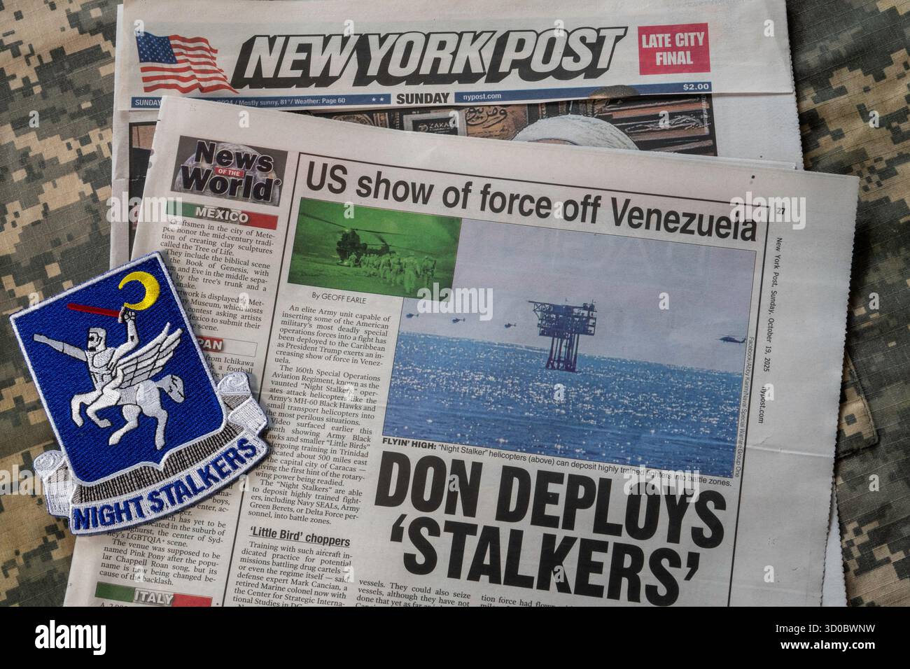 Il presidente Trump ha schierato gli stalker notturni, il 160° reggimento di operazioni speciali dell'aviazione per combattere i cartelli della droga in Sud America, 2025 Foto Stock