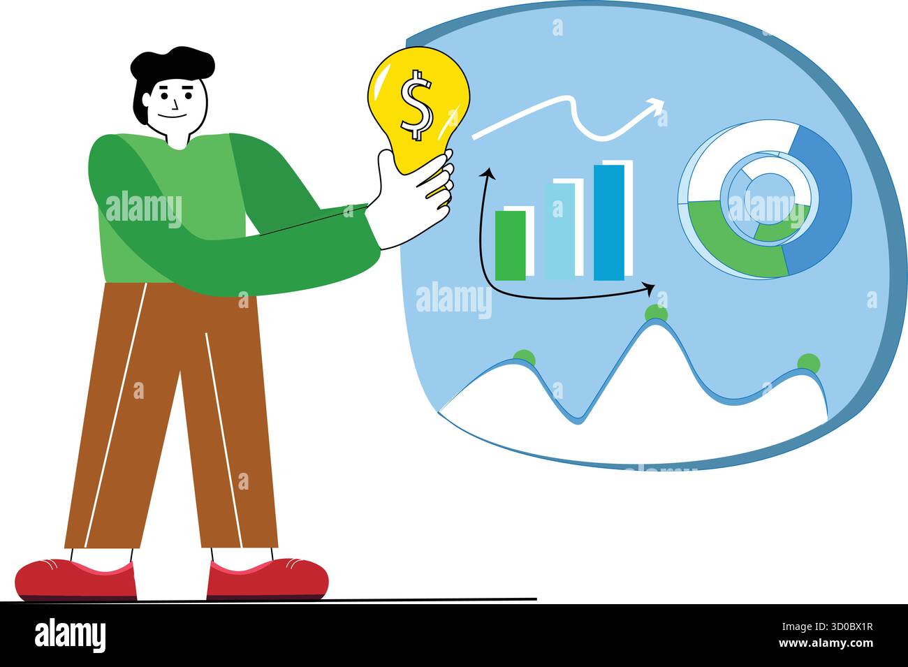 illustrazione creativa che raffigura una persona con in mano una lampadina con il simbolo del dollaro, simboleggia idee aziendali innovative, strategie di crescita e successo finanziario attraverso l'analisi dei dati. Illustrazione Vettoriale