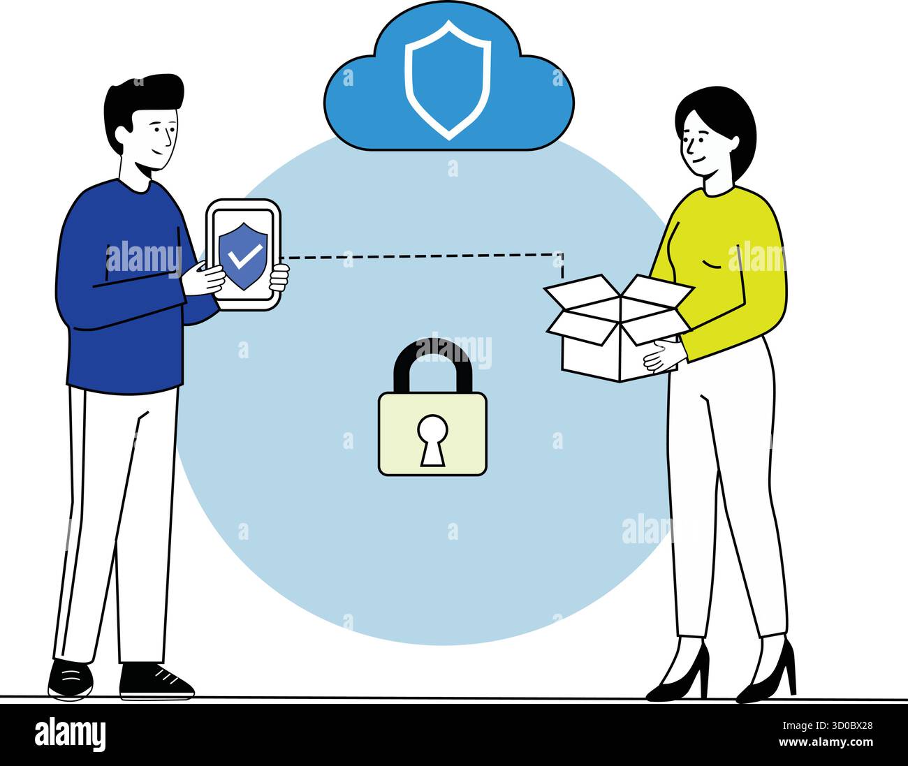 Un'illustrazione digitale che mostra il trasferimento sicuro dei dati tra due persone. Una persona utilizza un tablet per verificare un controllo di sicurezza mentre l'altra tiene la casella Illustrazione Vettoriale