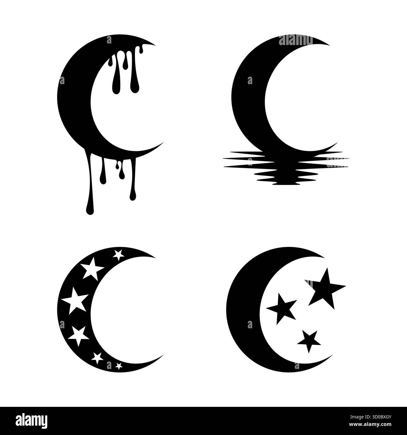 Set di Crescent Moon. Perfetto per tatuaggi, temi celesti, progetti astrologici. Ideale per stampe, poster, adesivi e grafica digitale. Illustrazione Vettoriale