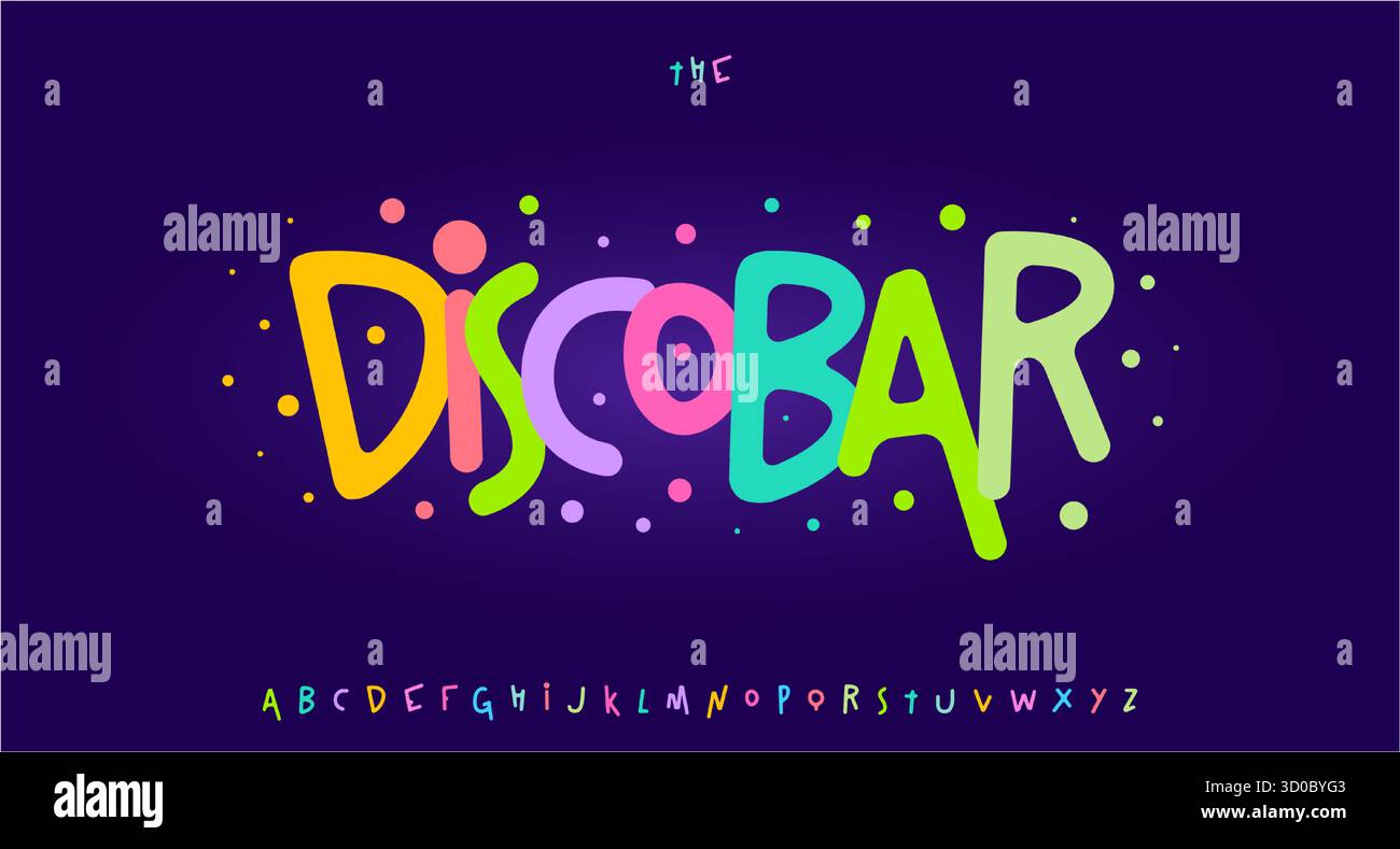 Logo a forma di carattere bizzarro e rimbalzante, discoteca allegra tipografia, scritta sagace arrotondata per il compleanno dei bambini, poster di carnevale, titoli divertenti e gioiosi Illustrazione Vettoriale