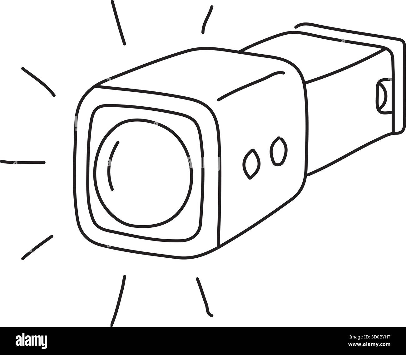 Una piccola videocamera boxy con obiettivo ben visibile e indicatori suggerisce la registrazione di avventure portatile Illustrazione Vettoriale