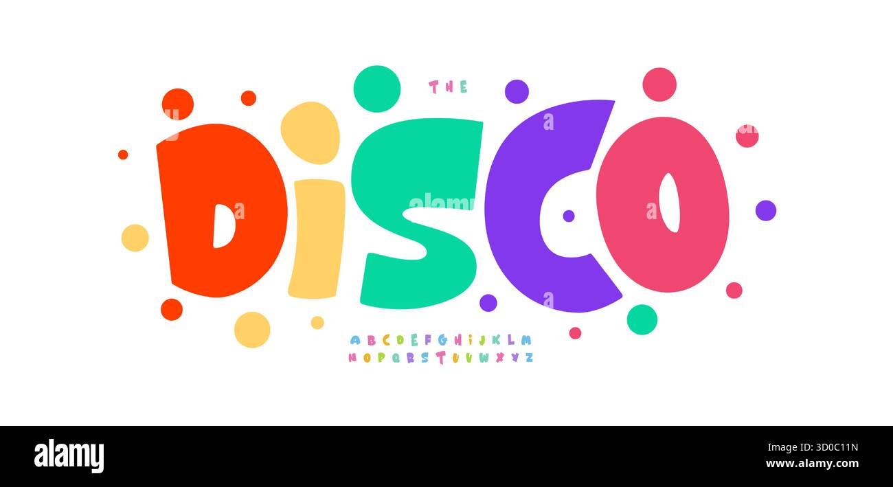 Logo a forma di palloncino con motivo a forma di lettera, disco festoso, vivace e colorata tipografia per il compleanno dei bambini, allegro poster di carnevale, stravagante divertente Illustrazione Vettoriale
