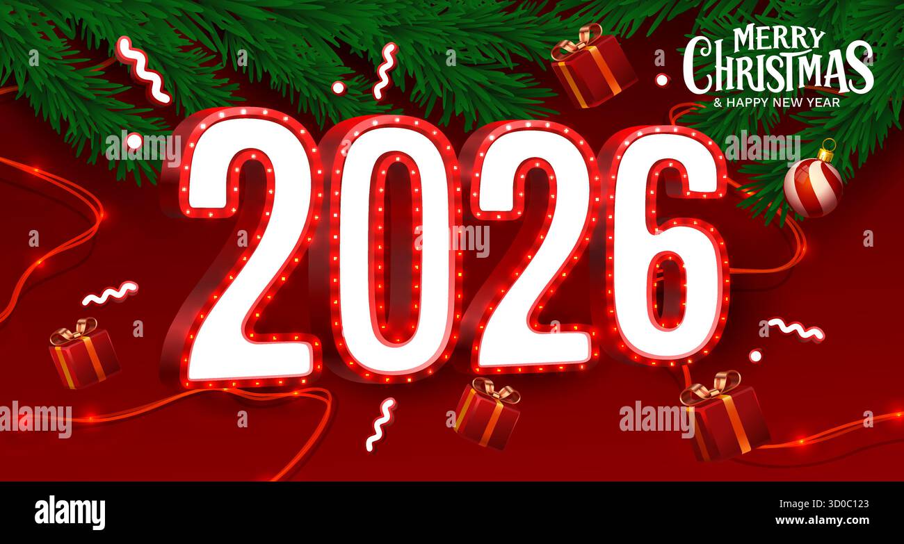 Natale e Capodanno 2026 con elementi natalizi. Illustrazione vettoriale Illustrazione Vettoriale
