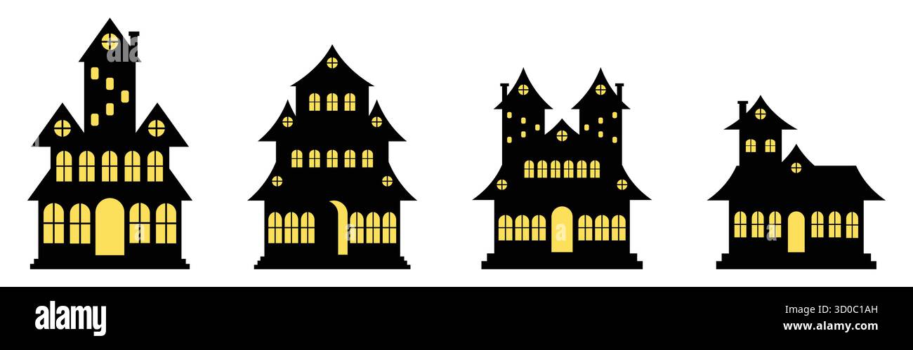 Sagoma di Una casa o di un castello con molte finestre e luce calda Illustrazione Vettoriale