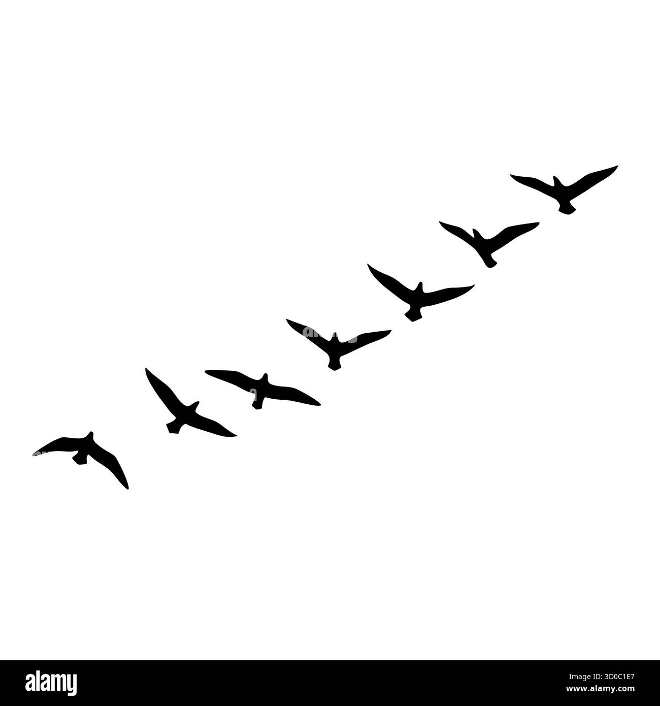 Sagoma di uccelli in formazione V che volano attraverso il cielo. Illustrazione Vettoriale