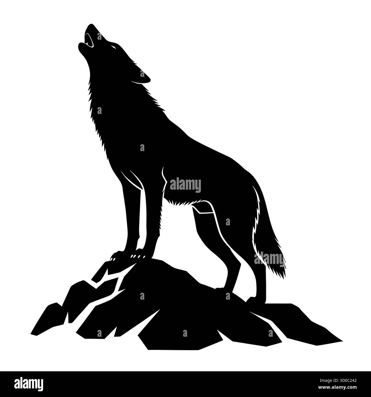 Sagoma di lupo ulululante in piedi su un picco roccioso su sfondo bianco. Illustrazione Vettoriale