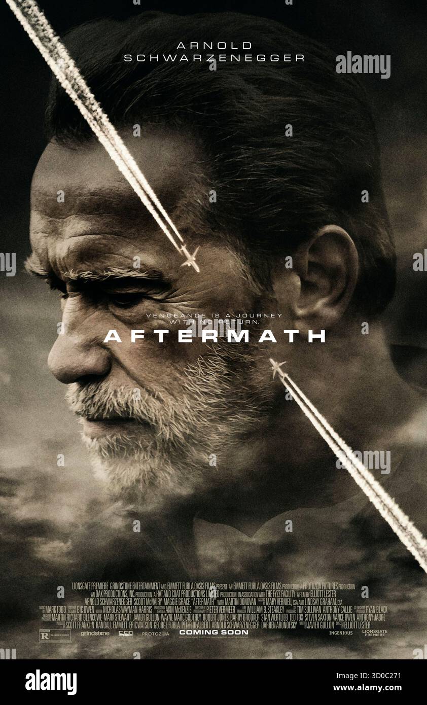 Aftermath (2017) diretto da Elliott Lester e interpretato da Arnold Schwarzenegger, Scoot McNairy e Maggie Grace. Un uomo devastato da un incidente aereo cerca giustizia contro il controllore del traffico aereo che incolpa per la morte della sua famiglia. USA SOLO PER USO EDITORIALE DI un foglio di poster. Credito: BFA / Lionsgate Premiere Foto Stock