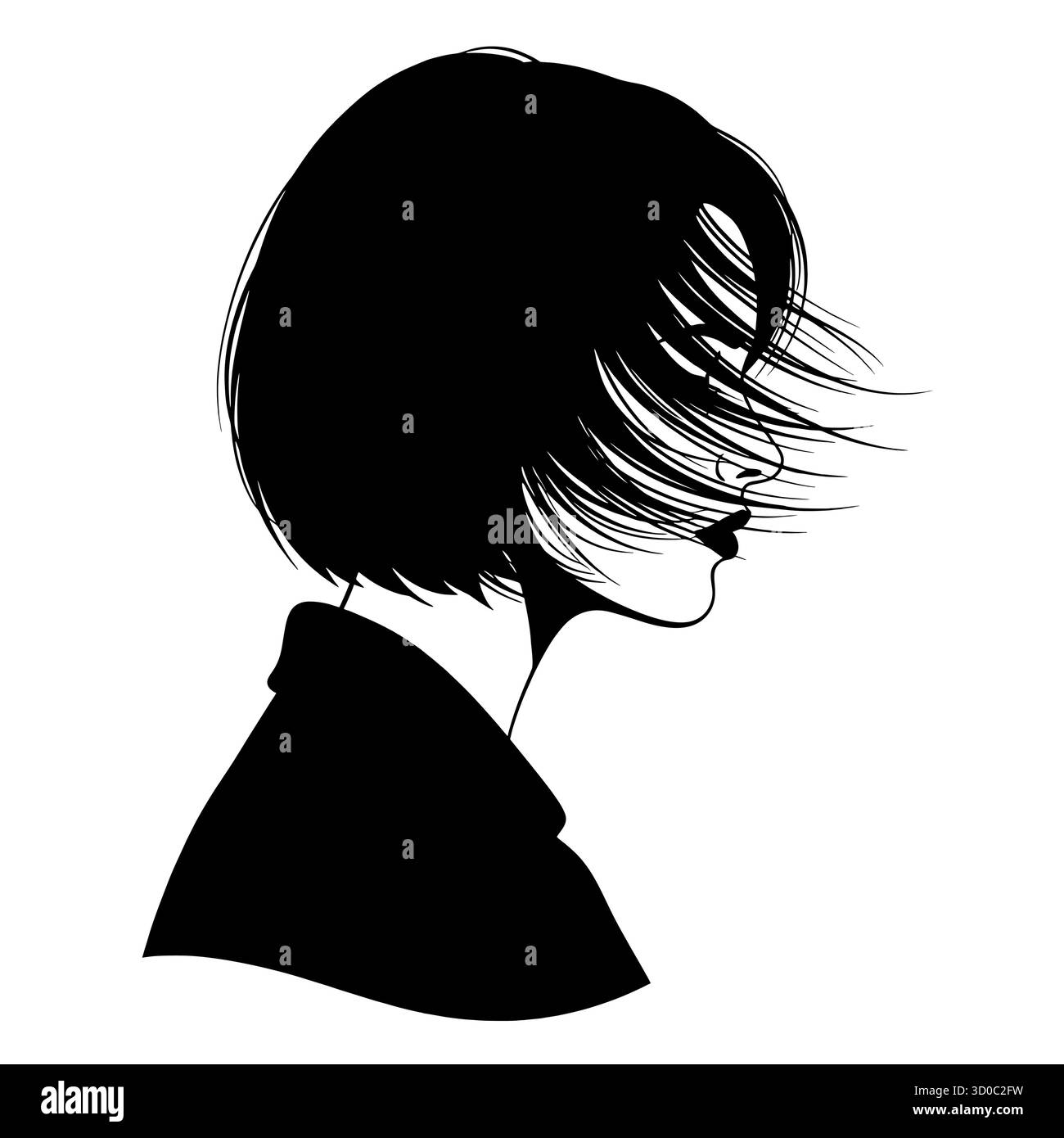 Silhouette di giovane profilo femminile asiatico con capelli corti spazzati dal vento. Illustrazione Vettoriale