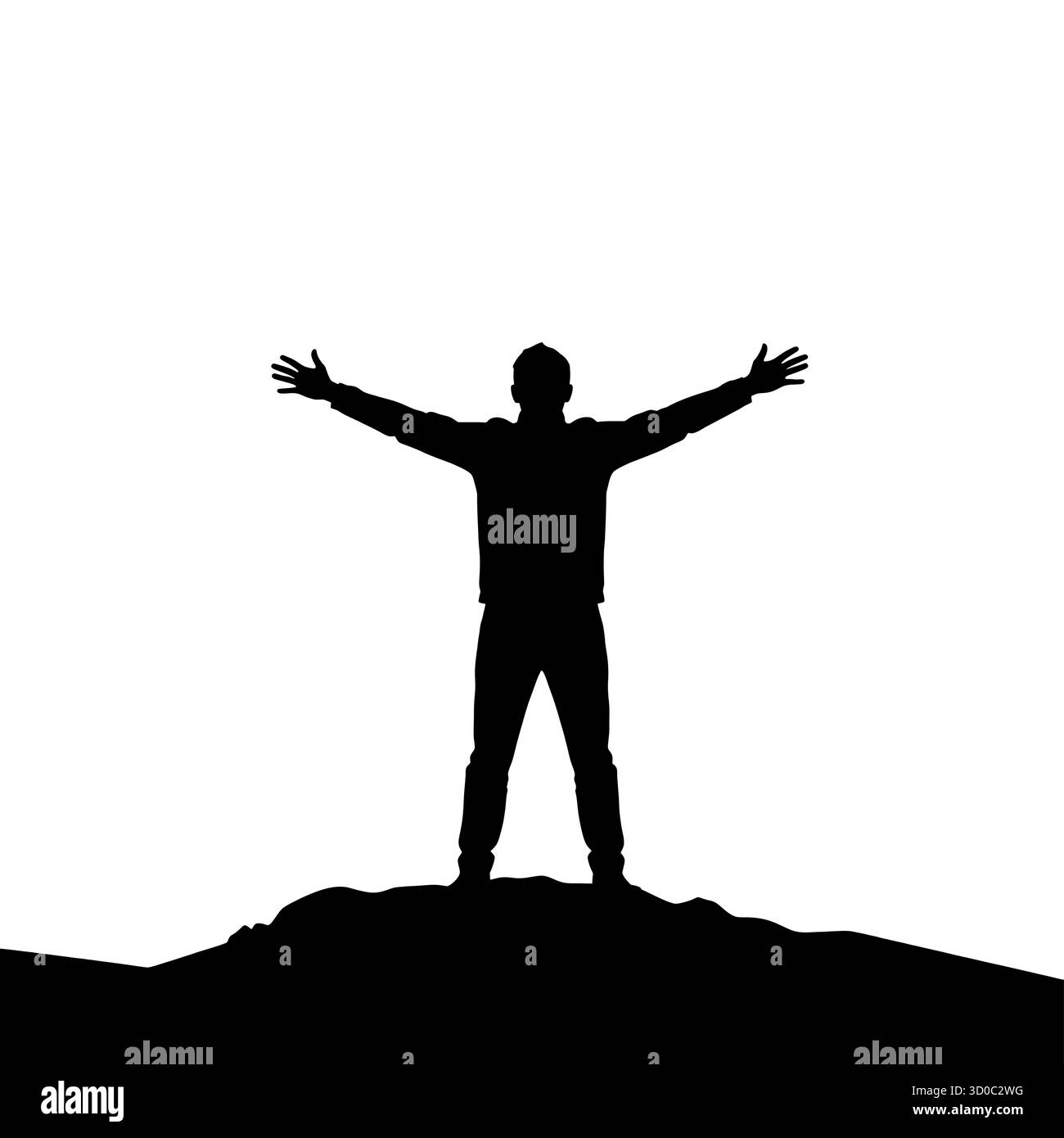 Silhouette di un giovane trionfante maschio sulla montagna con braccia allungate. Illustrazione Vettoriale