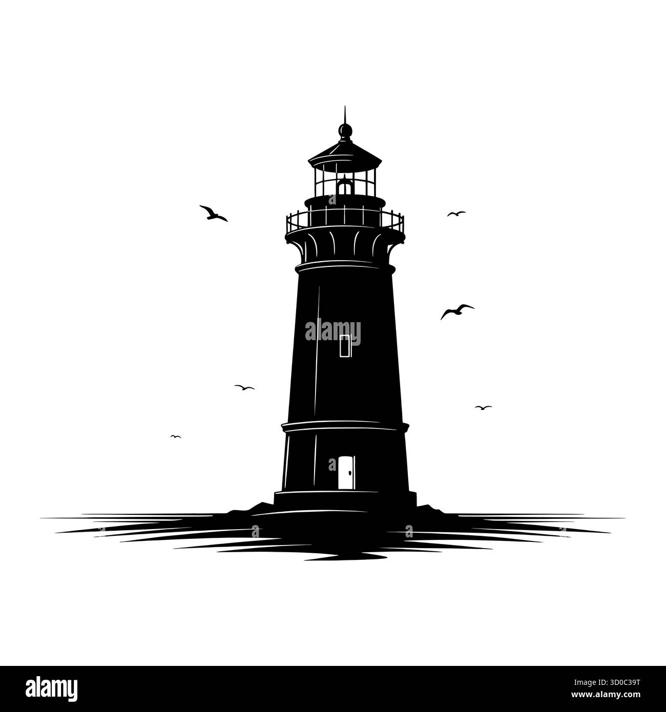Silhouette del faro tra gabbiani con design minimalista in bianco e nero. Illustrazione Vettoriale