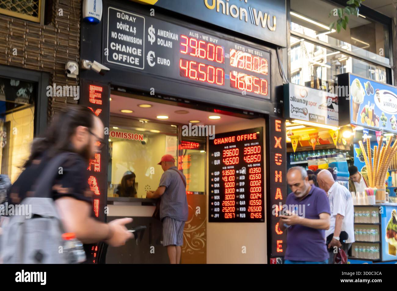 Espositore elettronico per ufficio cambio valuta, Fatih, Istanbul, Turchia. Il dollaro statunitense ($) e l'euro (€) contro la lira turca (TL) Foto Stock