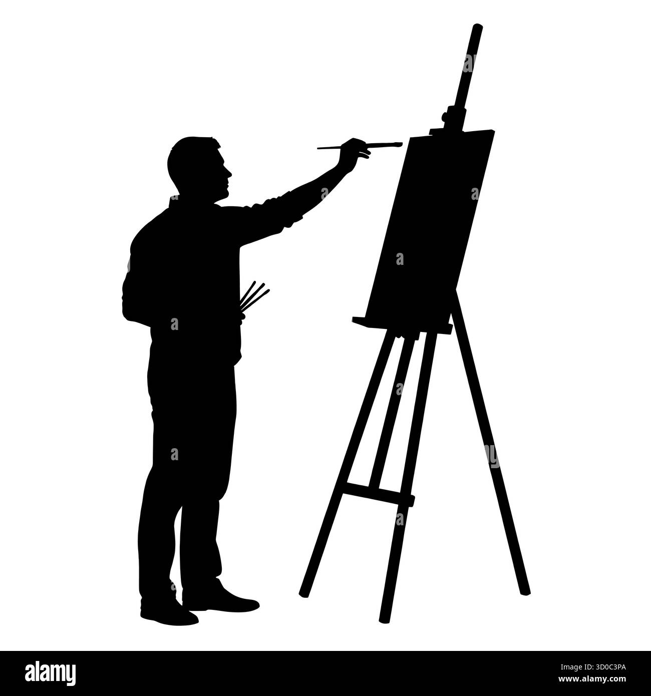 Silhouette di artista maschile che dipinge su cavalletto. Illustrazione Vettoriale