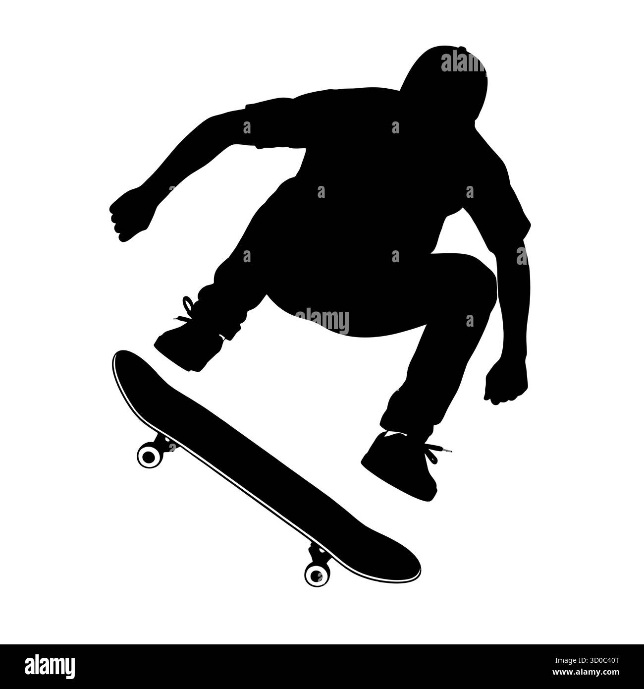 Silhouette di uno skateboarder che esegue un trick aereo a mezz'aria. Illustrazione Vettoriale
