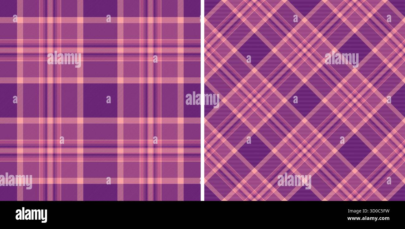 Due motivi tartan senza cuciture, una griglia, una diagonale, in sfumature di viola e pesca. Classico e versatile, perfetto per sfondi, tessuti o qualsiasi altro Illustrazione Vettoriale