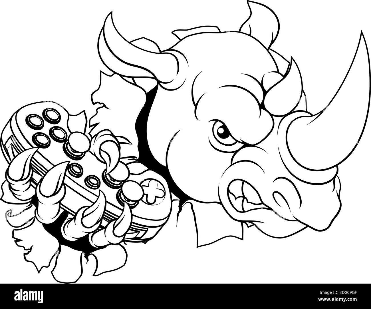 Rhino Rhinoceros Gamer Gaming Cartoon Mascot Illustrazione Vettoriale