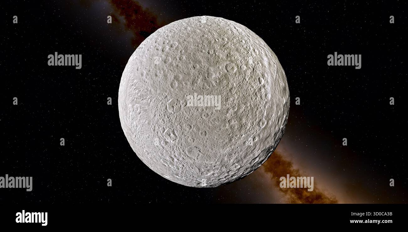 Rhea è la seconda luna più grande di Saturno e ha un corpo ghiacciato e roccioso con una superficie pesantemente craterizzata. Foto Stock