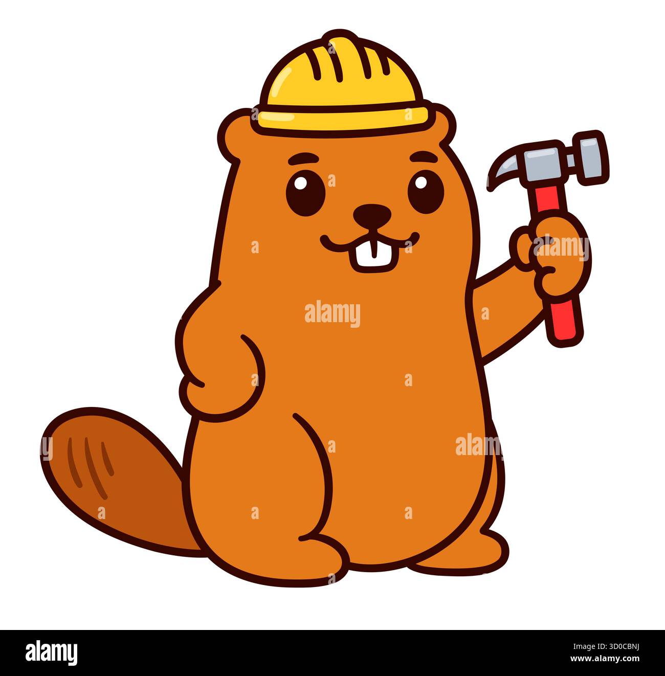 Carino lavoratore della costruzione di cartoni animati, personaggio della mascotte con martello e elmetto. Illustrazione grafica del clip vettoriale isolato. Illustrazione Vettoriale