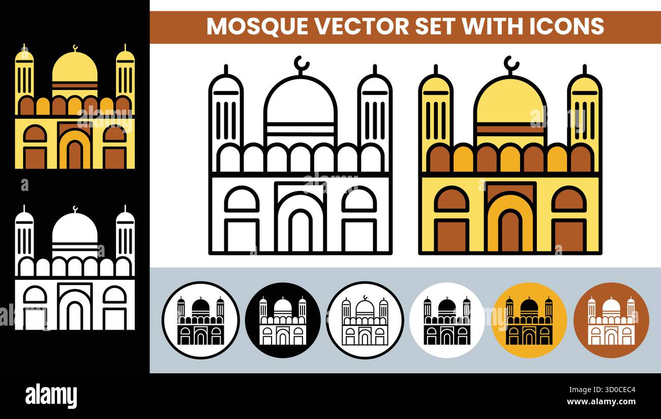 Icona della moschea e set vettoriale: Simboli di architettura islamica per il Branding religioso, il design festivo e la grafica culturale Illustrazione Vettoriale