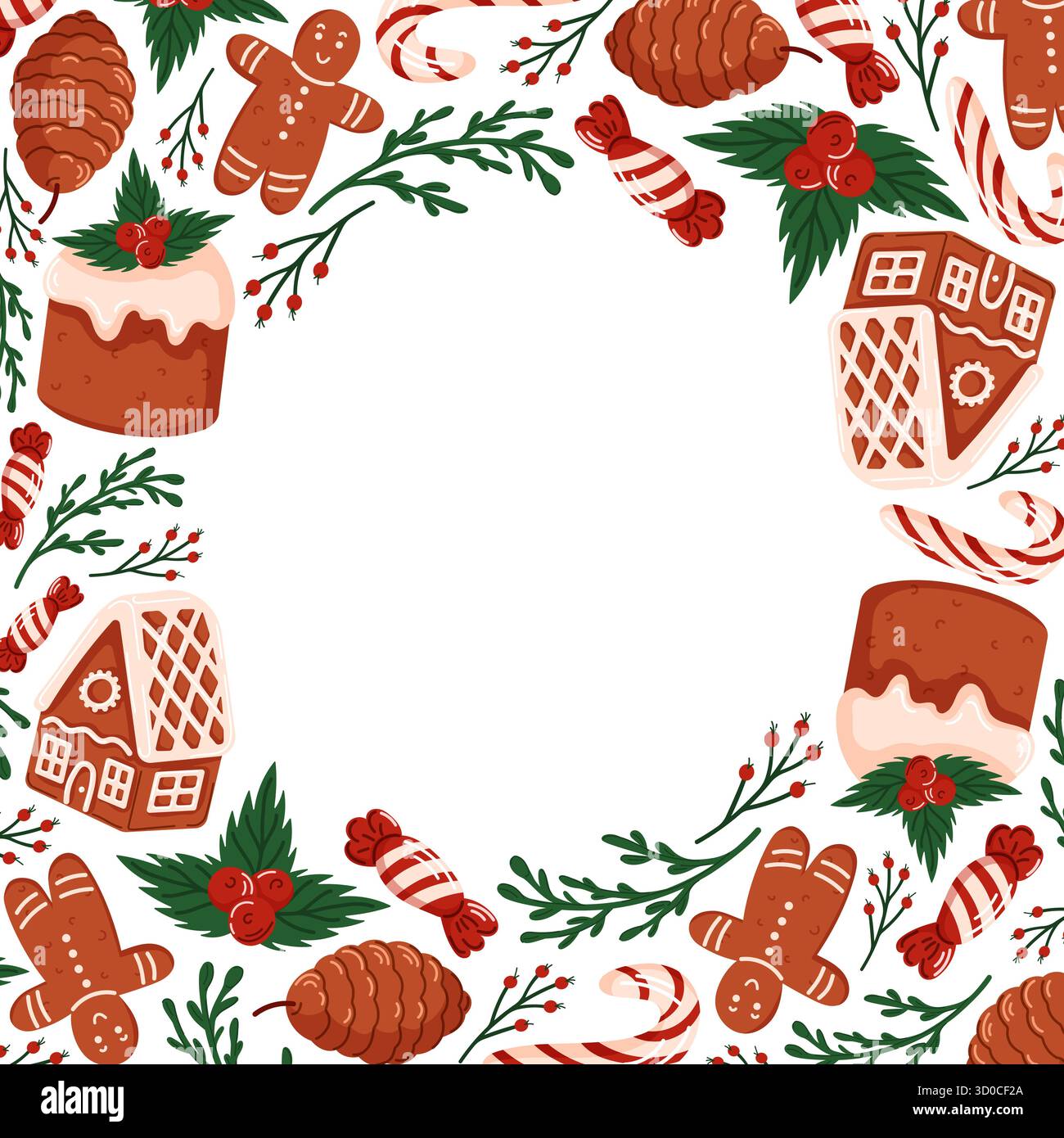 Cornice natalizia con uomo di pan di zenzero, casa, canna da zucchero, pinecone, torta holly e ramo sempreverde per un design di panificio stagionale. Stile piatto. Illustrazione Vettoriale