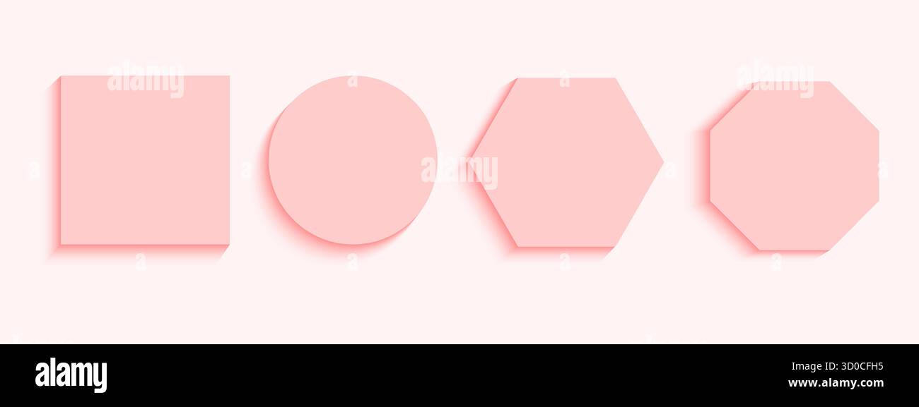 Set di podi geometrici rosa, piattaforme per la presentazione dei prodotti o pulsanti vista dall'alto. Raccolta di forme di base quadrate, rotonde, esagonali e ottagonali con ombre. Illustrazione realistica vettoriale. Illustrazione Vettoriale