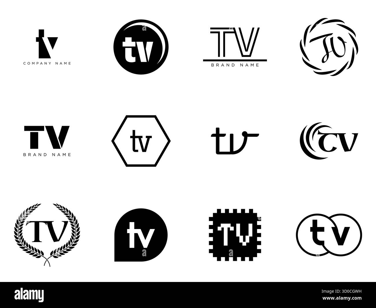 Modello aziendale del logo TV. Logotipo lettera t e V. Imposta diverse lettere serif classiche e testo moderno in grassetto con elementi di design. Tipog font iniziale Illustrazione Vettoriale
