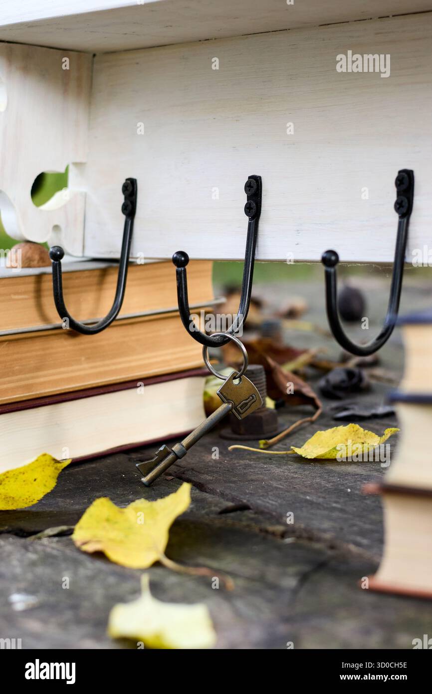 Primo piano di una vecchia chiave appesa su un gancio su uno sfondo di libri e foglie gialle creando un'atmosfera nostalgica e suggestiva. Foto Stock