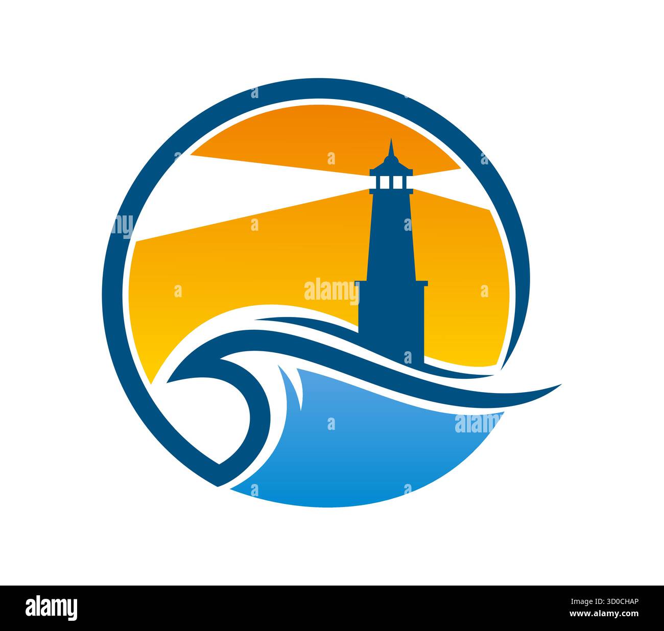 Faro rotante icona della sagoma della torre faro con travi, emblema vettoriale. Faro sulla scogliera della costa o onde marine e oceaniche con raggi di luce per il faro della nave o il segnale marino del porto dell'isola Illustrazione Vettoriale