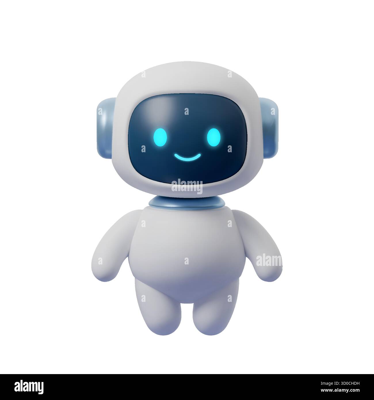 Simpatica mascotte robot in 3D con volto luminoso e assistente di intelligenza artificiale sorridente. Futuristico bot cartoon isolato su bianco, illustrazione digitale per la tecnologia Illustrazione Vettoriale