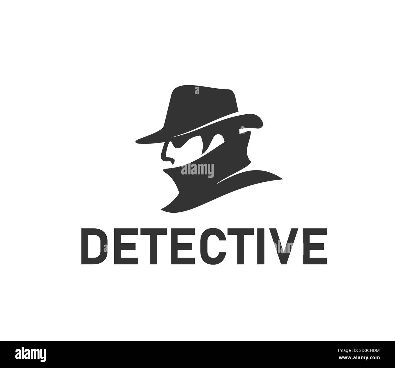 Icona agente segreto o detective privato per ispettore di polizia, simbolo sagoma vettoriale. L'agenzia investigativa o la società di servizi investigativi sul crimine, icona di un uomo spia con cappello fedora e occhiali neri Illustrazione Vettoriale