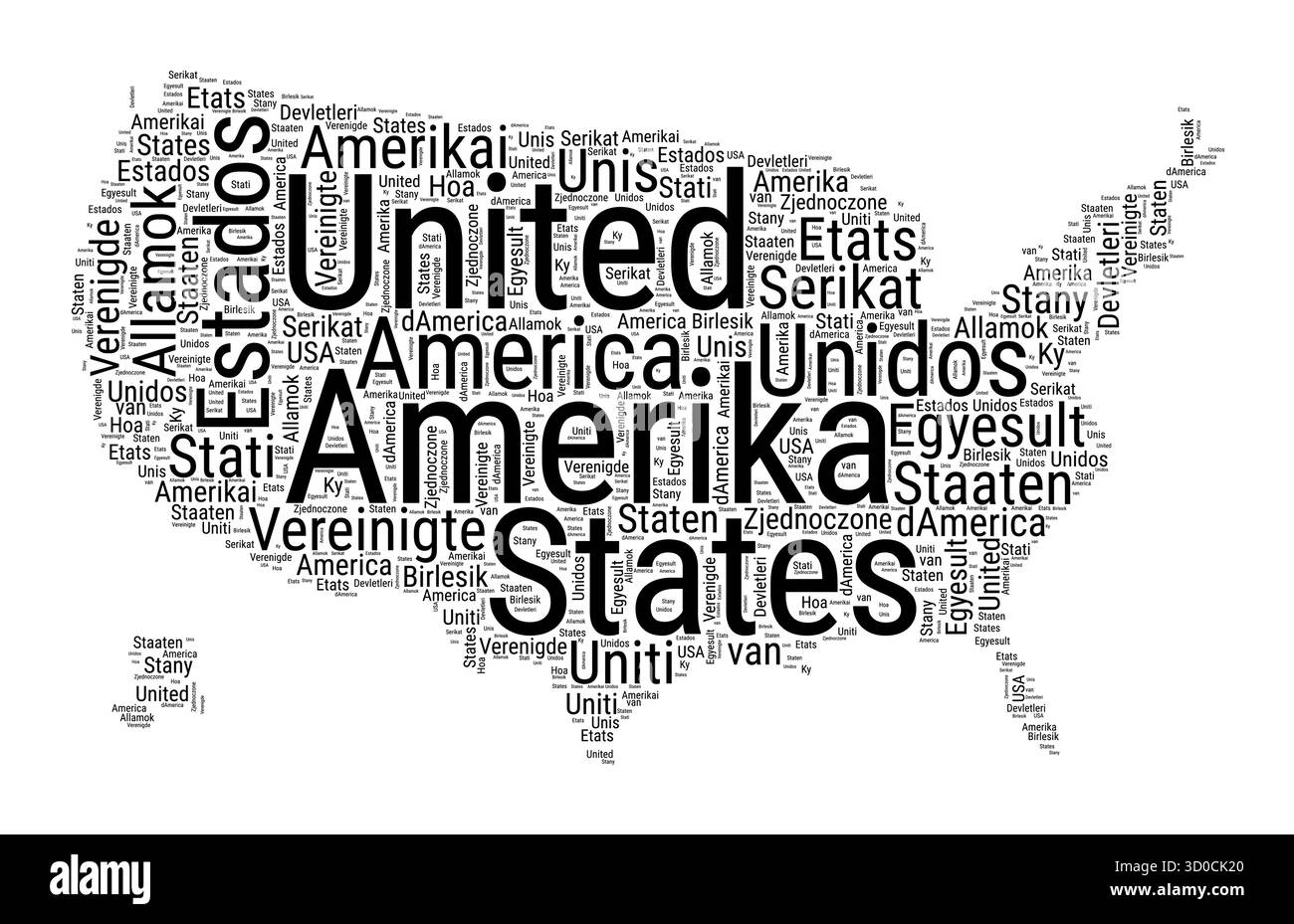 Nuvola di parole in bianco e nero nella forma degli Stati Uniti. Semplice illustrazione del paese in stile tipografico. Fumetto di testo nero USA su sfondo bianco. Illustrazione Vettoriale
