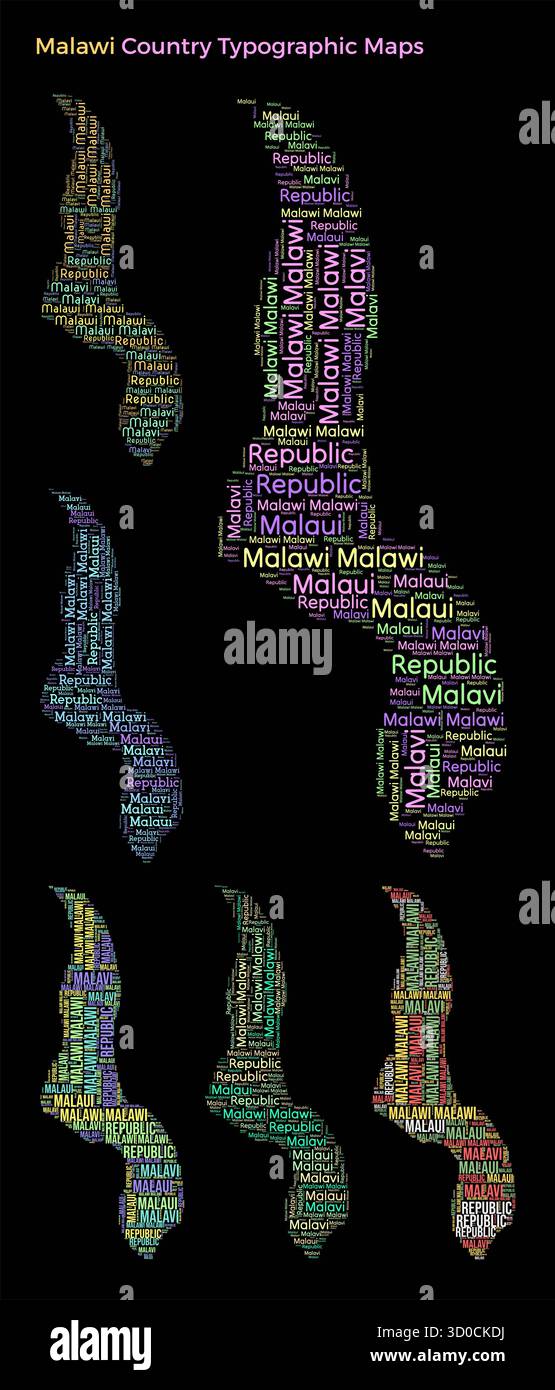 Malawi. Serie di illustrazioni in stile tipografico. Forma della mappa del Malawi costruita con nomi di paese orizzontali e verticali. Illustrazione vettoriale. Illustrazione Vettoriale