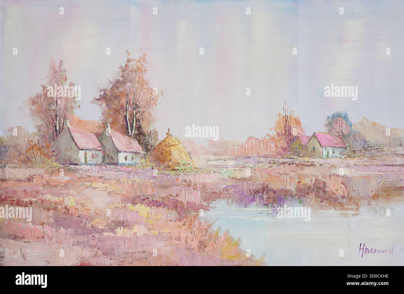 Pittura: Scenario pastello autunnale di un villaggio con piccoli cottage, pagliaio e riflessi d'acqua calmo Foto Stock