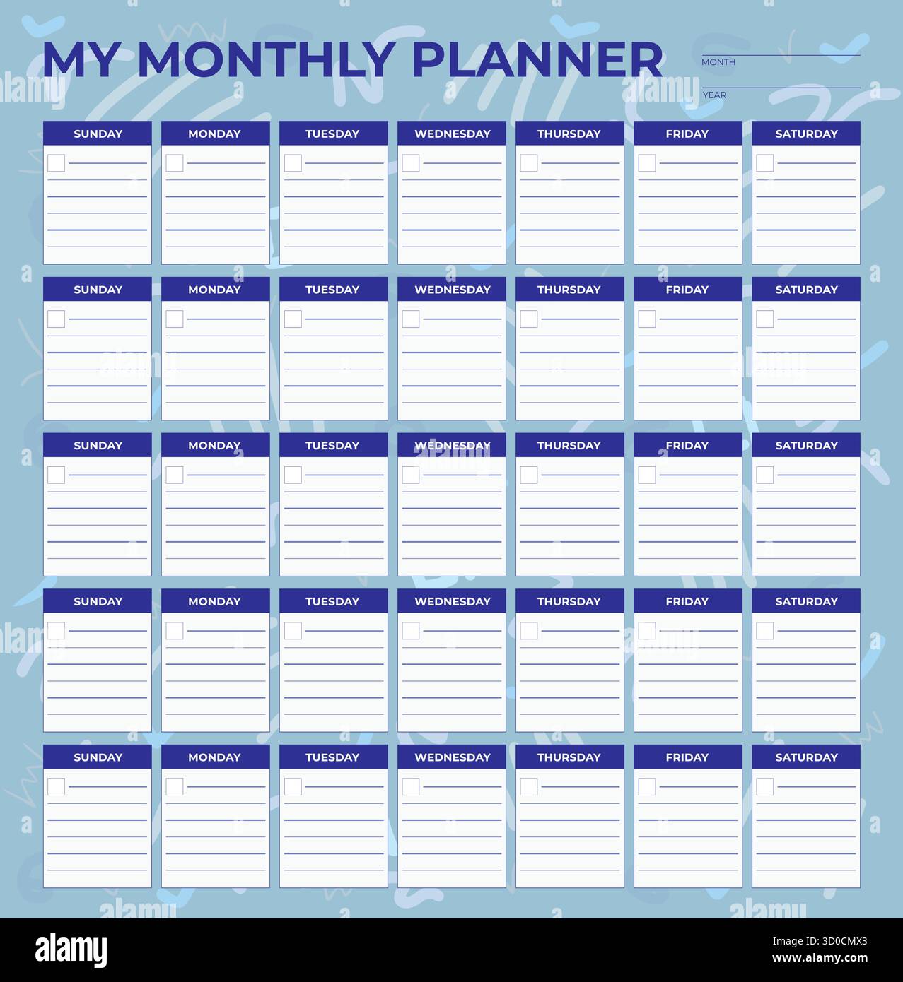 Modello di pianificazione mensile colorato – Layout organizzatore calendario stampabile - Design vettoriale - colore blu Illustrazione Vettoriale