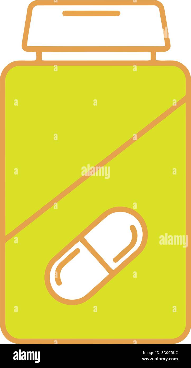 Illustrazione del flacone per medicinali stilizzato – icona della capsula sul contenitore farmaceutico giallo-verde Illustrazione Vettoriale