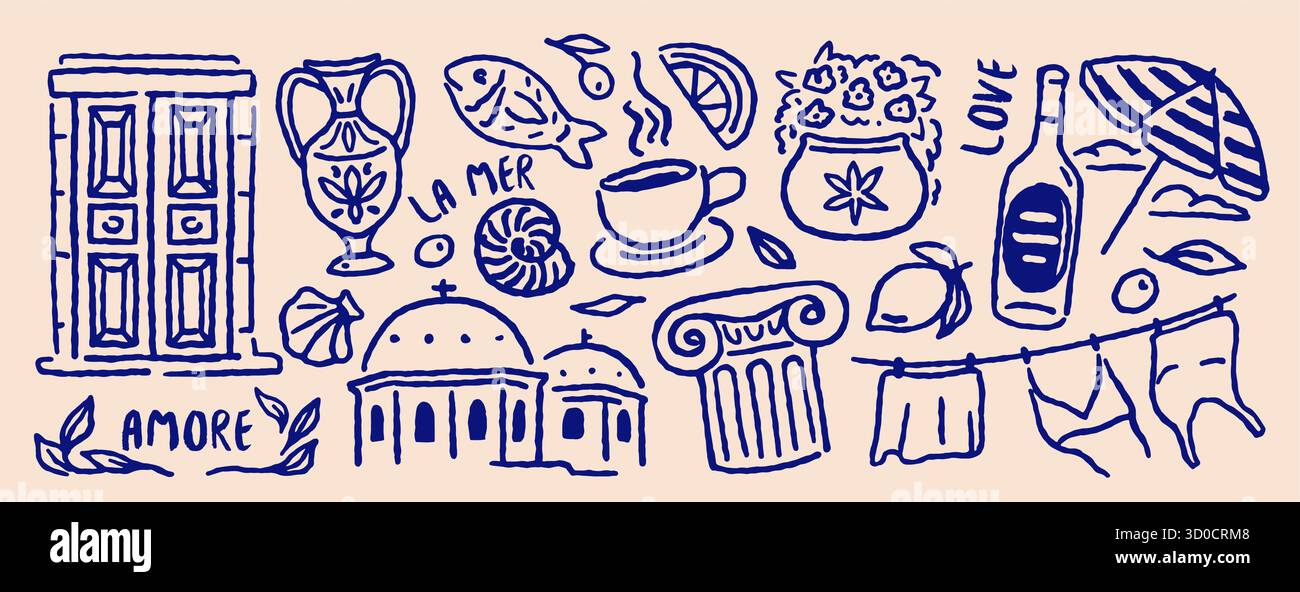 Vacanza in stile italiano o greco. Set di bozzetti a carboncino con vino, pesce e architettura. Grunge gli elementi doodle. Vettore disegnato a mano Illustrazione Vettoriale