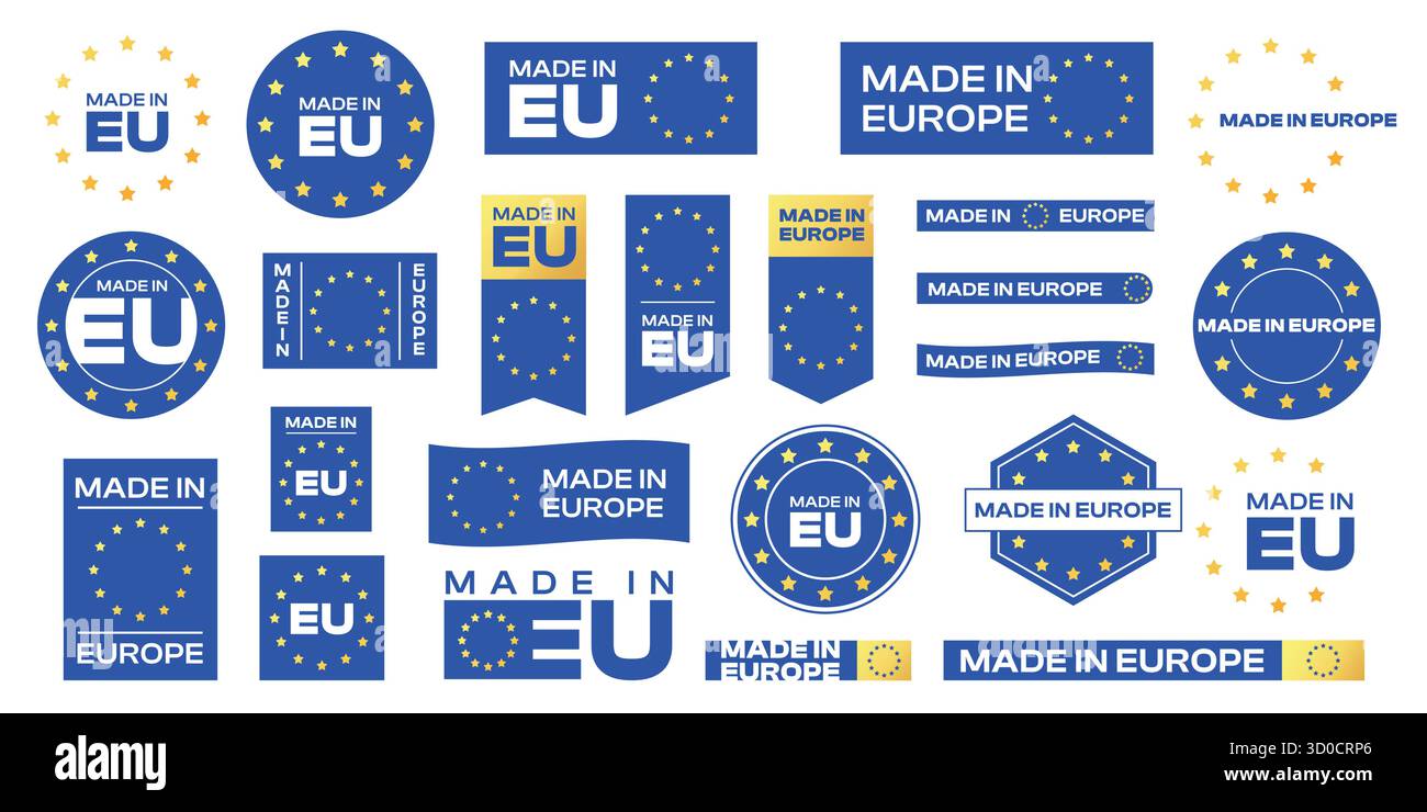 Adesivo Made in EU. Etichetta di garanzia del prodotto di qualità, bandiera dell'Unione europea logo quadrato. Emblema vettoriale per i prodotti di produzione europei certificati Illustrazione Vettoriale