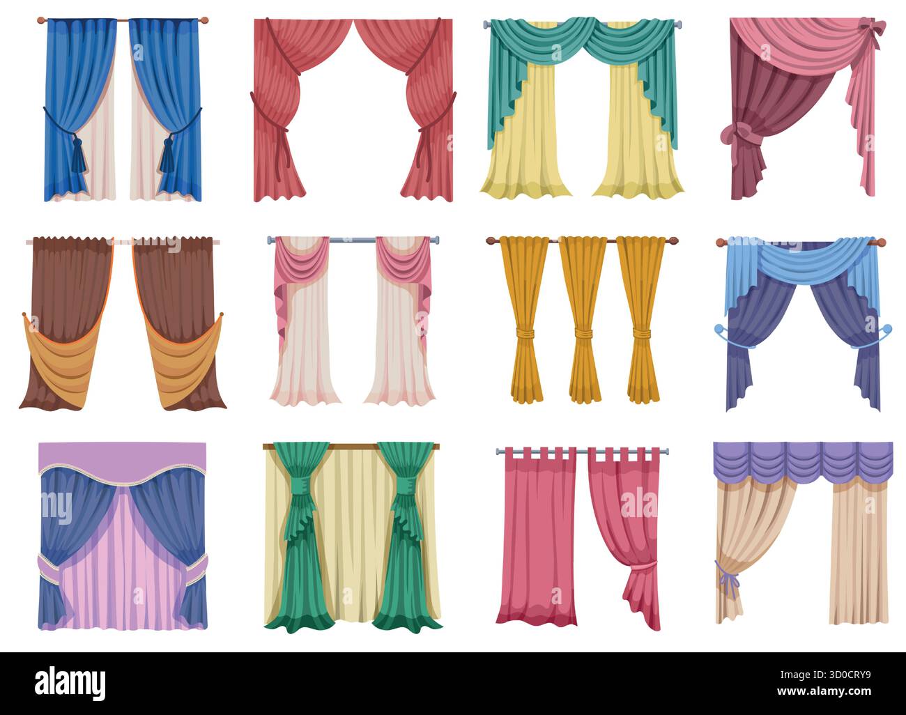 Tende dei cartoni animati. Arredi in soggiorno, tende decorative moderne di diversi tipi, interni classici, finestre lussuose e piatte. Vettore Illustrazione Vettoriale