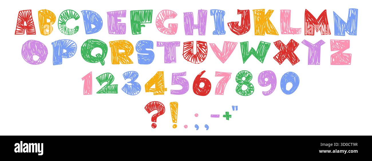 Set tipografico con alfabeto pastello disegnato a mano, numeri e simboli di punteggiatura in un vivace stile multicolore. Collezione di lettere adatta ai bambini con tratti tratteggiati testurizzati su sfondo bianco. Illustrazione Vettoriale