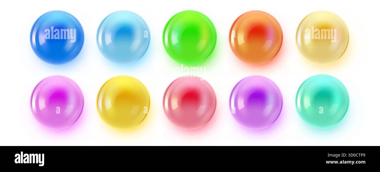 Sfere brillanti e lucide con effetto luminoso su uno sfondo bianco pulito, ideali per un design astratto moderno. Illustrazione vettoriale. Illustrazione Vettoriale