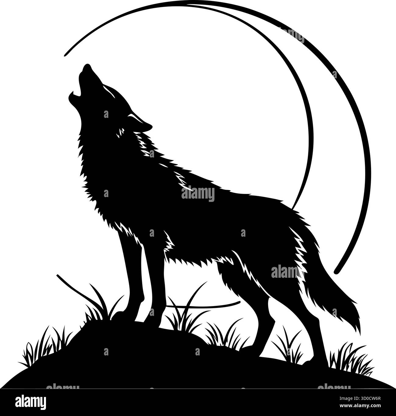 Howling Wolf silhouette Vector – icona della natura selvaggia su Rock per il Branding all'aperto, il design tribale e la Wilderness Art Illustrazione Vettoriale